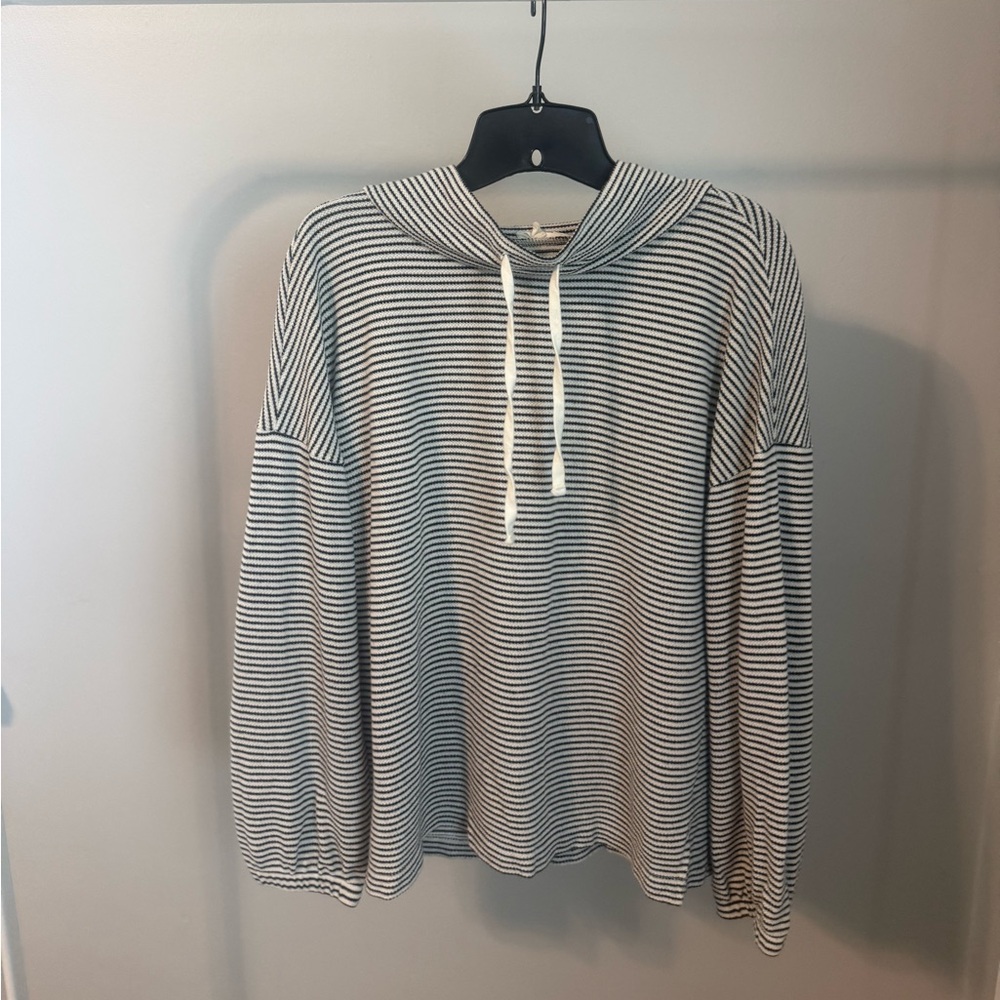 LOFT Black and White Striped Funnel Neck Hoodie Sweater